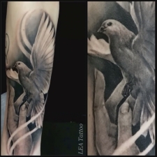 Hand and Dove in black & gray  by LEA Tattoo