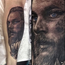 Vikings Ragnar on back of calf  by LEA Tattoo