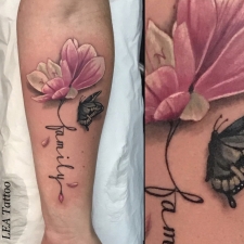 Magnolia and text  by LEA Tattoo
