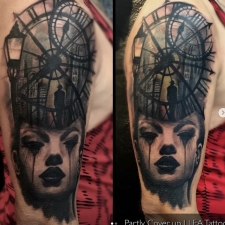 Coverup with clock and face  by LEA Tattoo