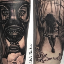 Gas mask and child on swing  by LEA Tattoo