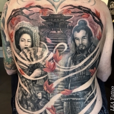 Back piece with Geisha and Samurai  by LEA Tattoo