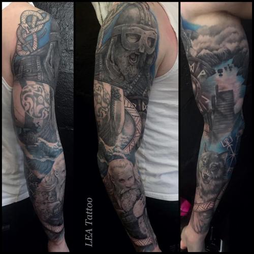 Viking sleeve in black and gray with color accents.