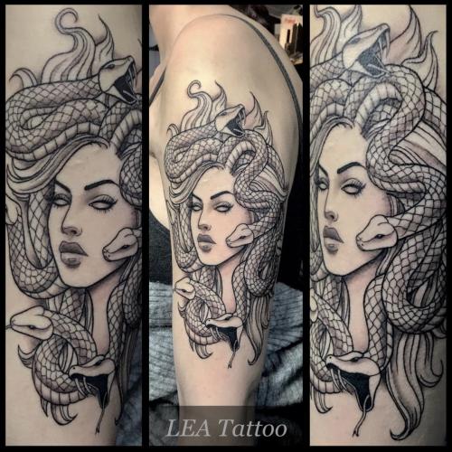 Graphic styled tattoo of modern Medusa.