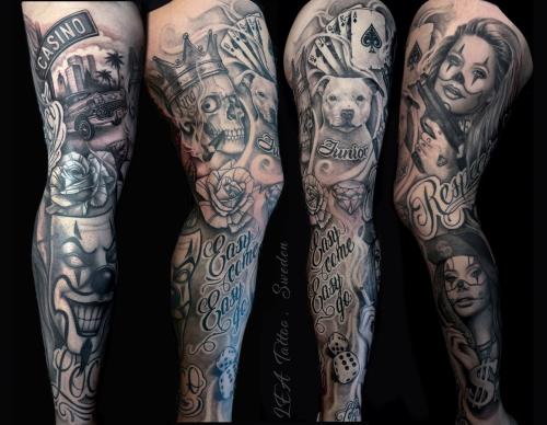 Leg Sleeve with Chicano Styled theme with girls, dog portrait, playing cards etc in black & gray.