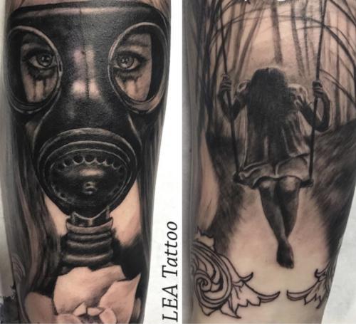 Girl in gasmask and sad girl on swing in dead forest in black & gray. Parts of same sleeve.