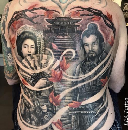 Geisha and Samurai on full back piece in black & gray and color accents.